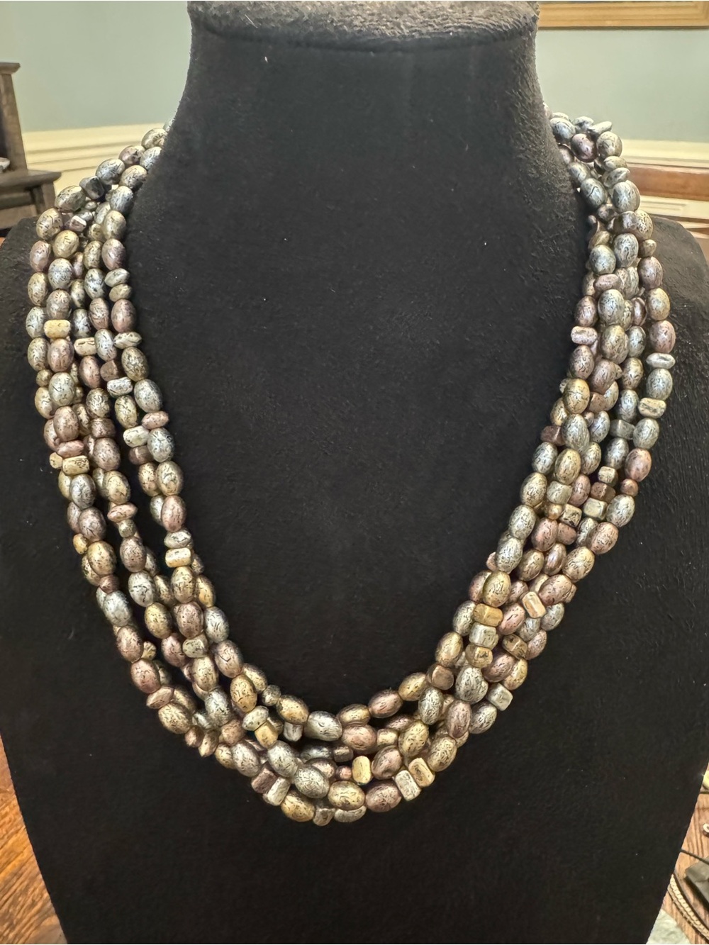 Vintage Style Multi Strand Metallic Beaded Statement Necklace Silver Bronze Tone